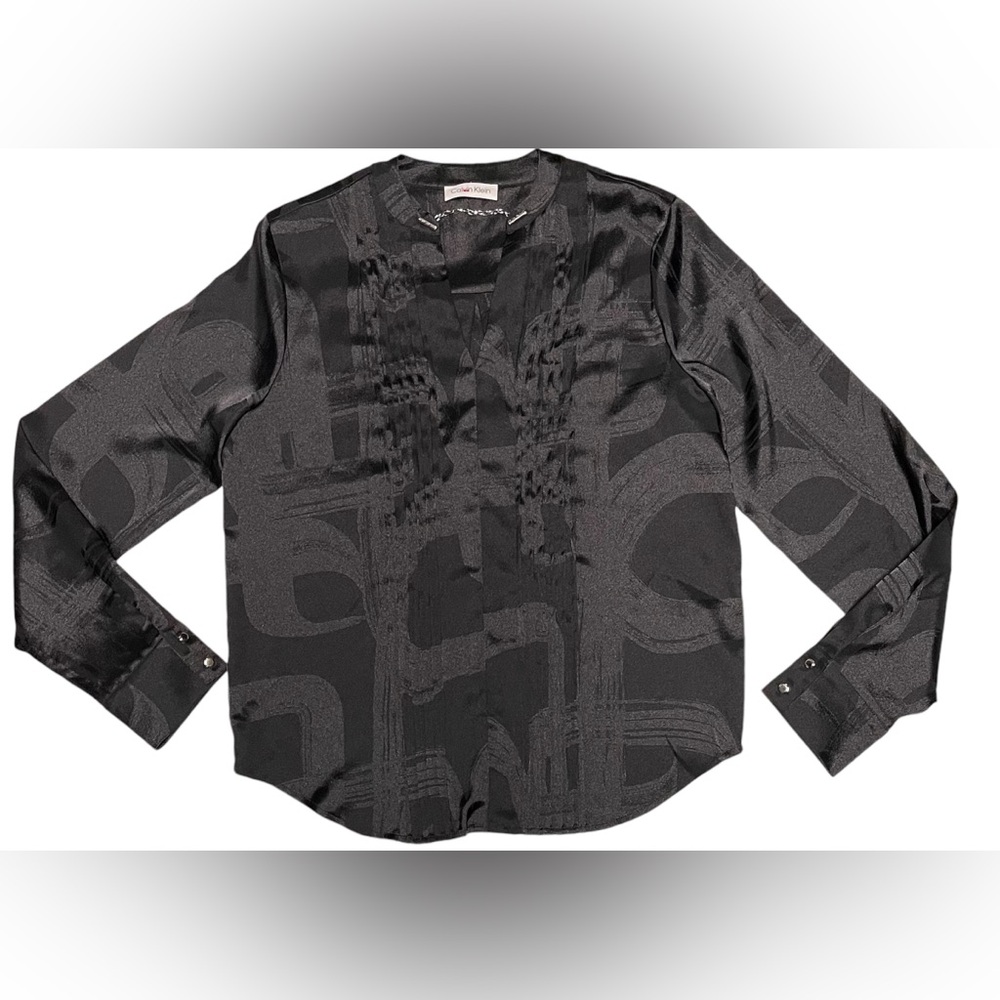 CAlVIN KLEIN JACQUARD BLACK BLOUSE PLEATED V-NECK WOMEN ASYMMETRICAL PRINT SMALL